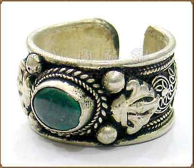 Half Inch Wide Thick Adjustable Tibetan Filigree Green Jade Gemstone Dorje Ring