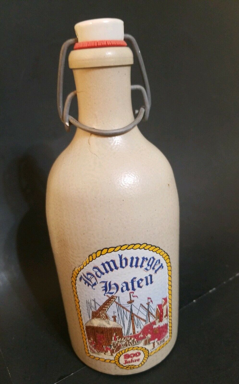Vintage Ceramic Hamburger Hafen 800 Jahre Bottle Container Wire Bale Bail 8"