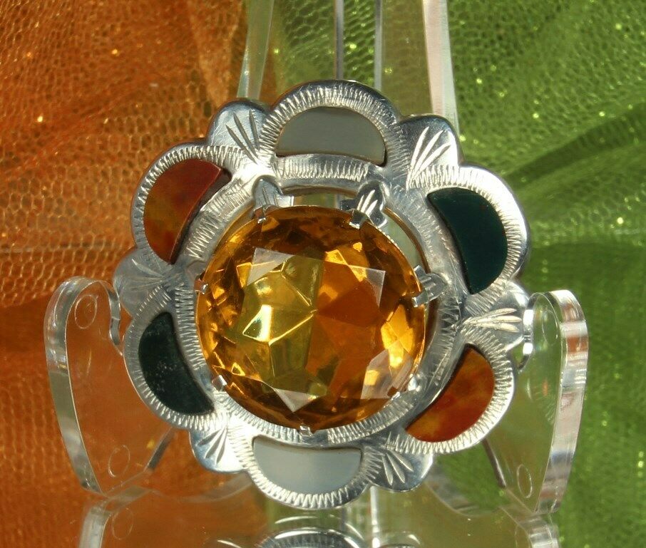 1900s Celtic Pin Sterling 1-5/8" Scottish Crescent Agates Crystal Citrine Fab!