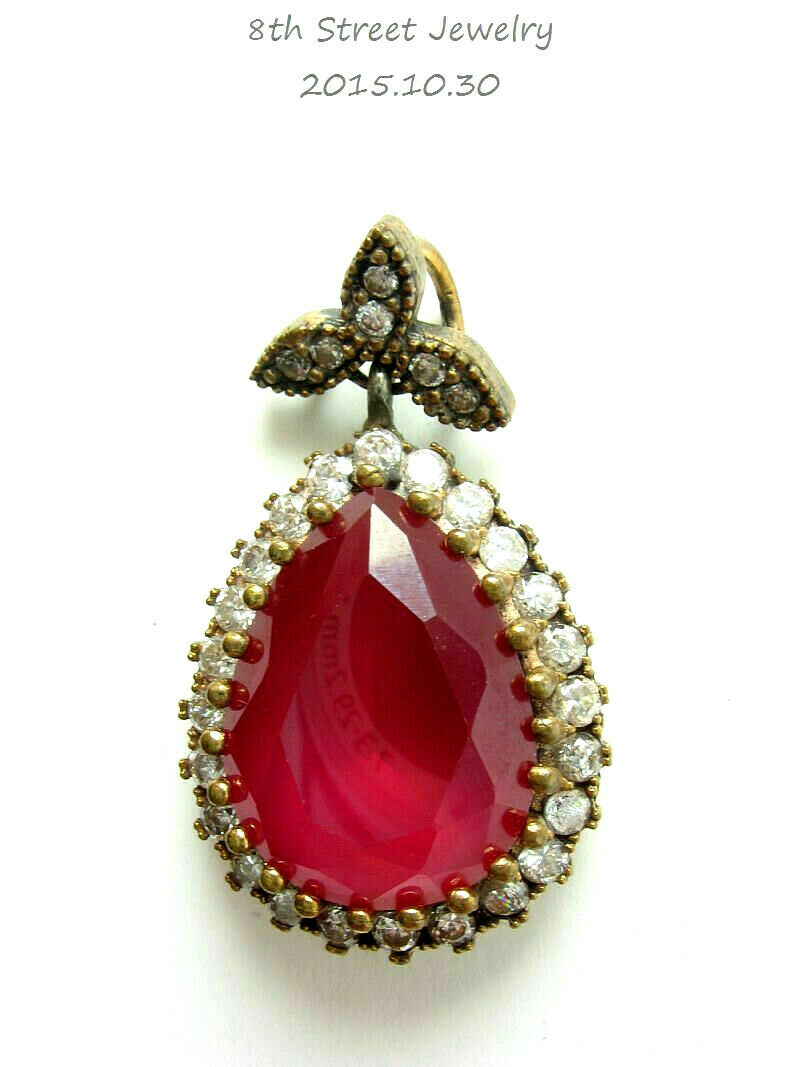 New Two-tone Pear Synthetic Ruby & Cz Sterling Silver 925 Mixed Metals Pendant
