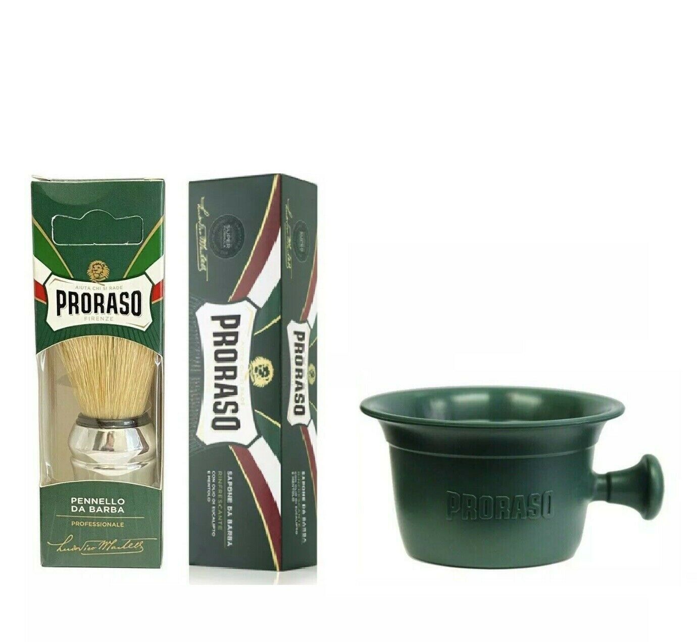 Proraso Green Shaving Cream 150ml Tube+shaving Bowl+large Chrome Brush Set 3 Pcs