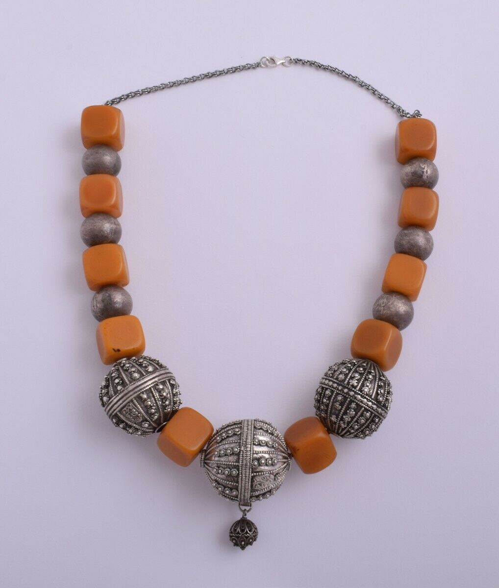 Antique Yemen Silver, German Amber Bakelite Misteka,pendant Necklace Choker