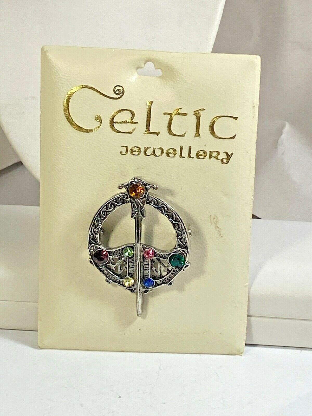 Pennanular Kilt Pin Solvar Ireland Celtic Jewellry Silver Tone Rhinestone Nos