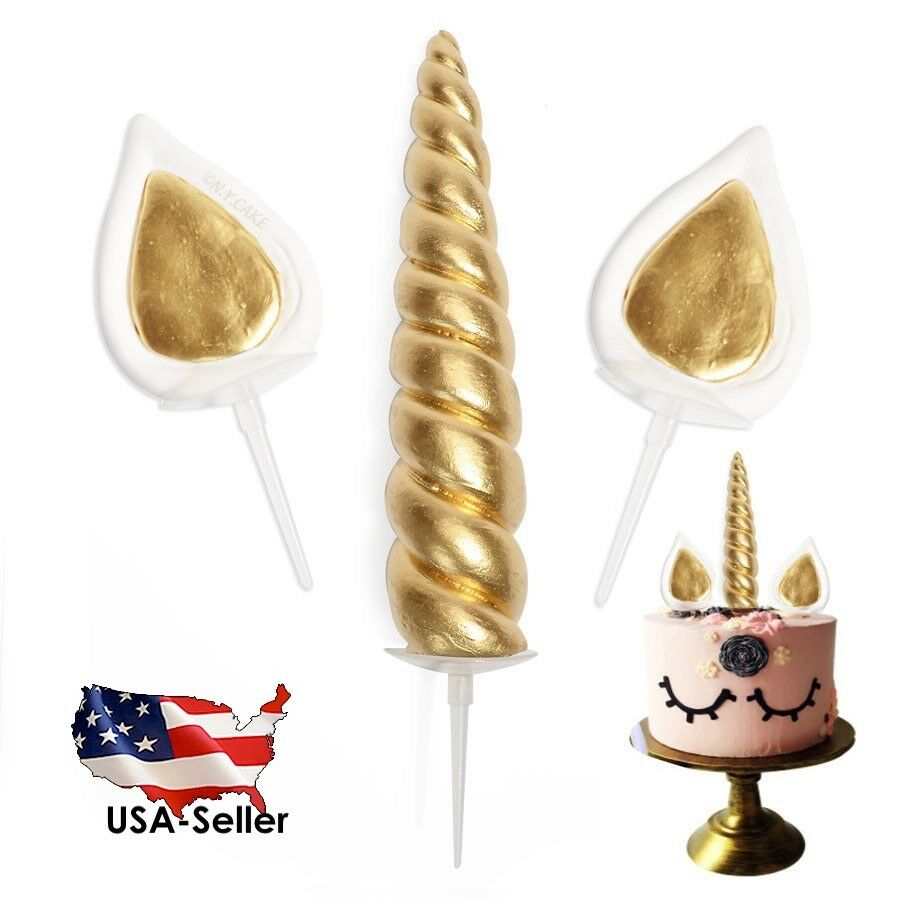 Gold Unicorn Cake Decoration Topper Includes Unicorn Horn, Ears And Eyelashes