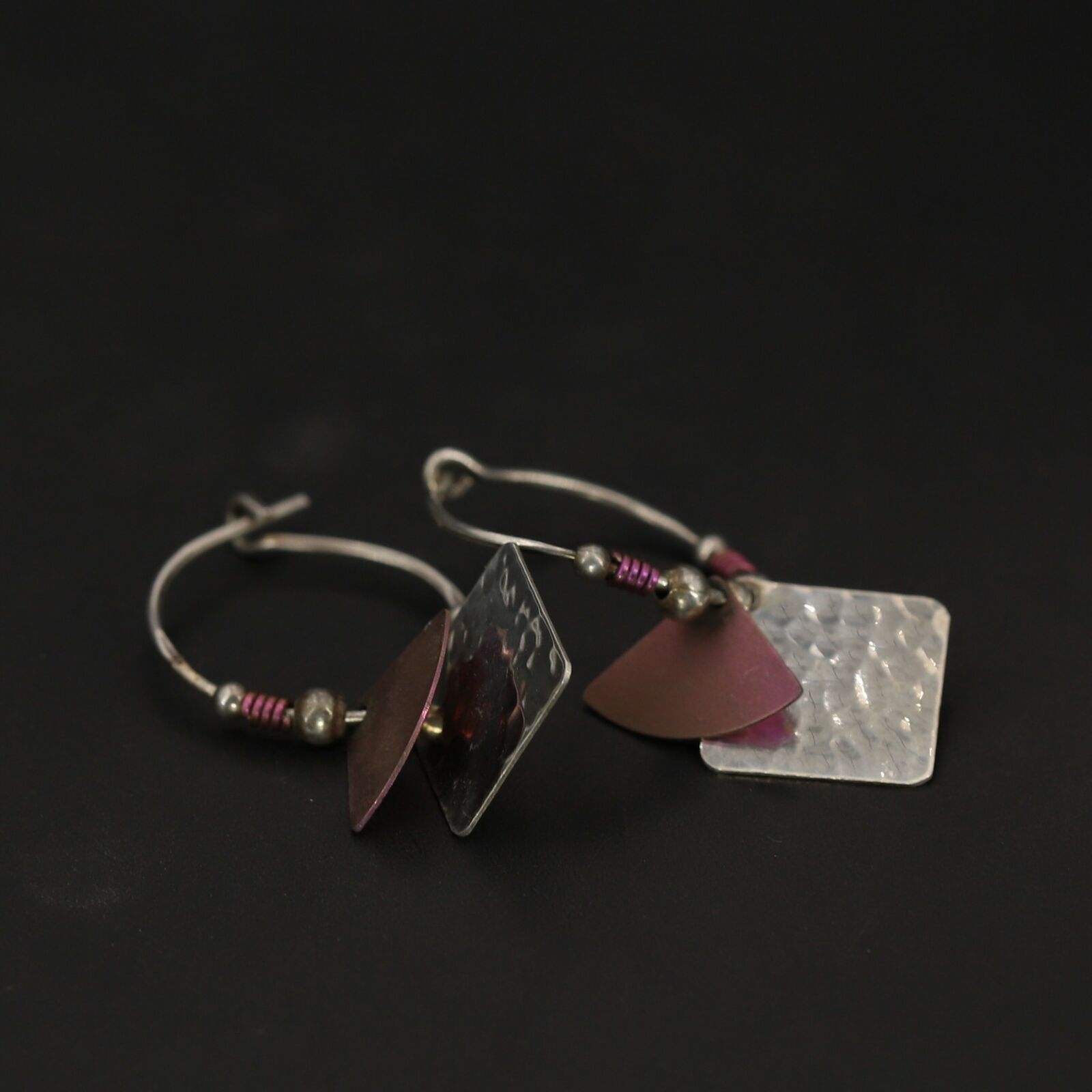 Vtg Sterling Silver - Signed Pink Metal Hammered Squares Dangle Earrings - 2g
