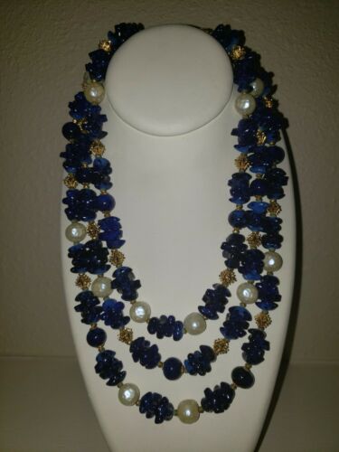 Vintage Trifari Spotted Blue Glass Faux Pearl Gold Tone Necklace Triple Strand