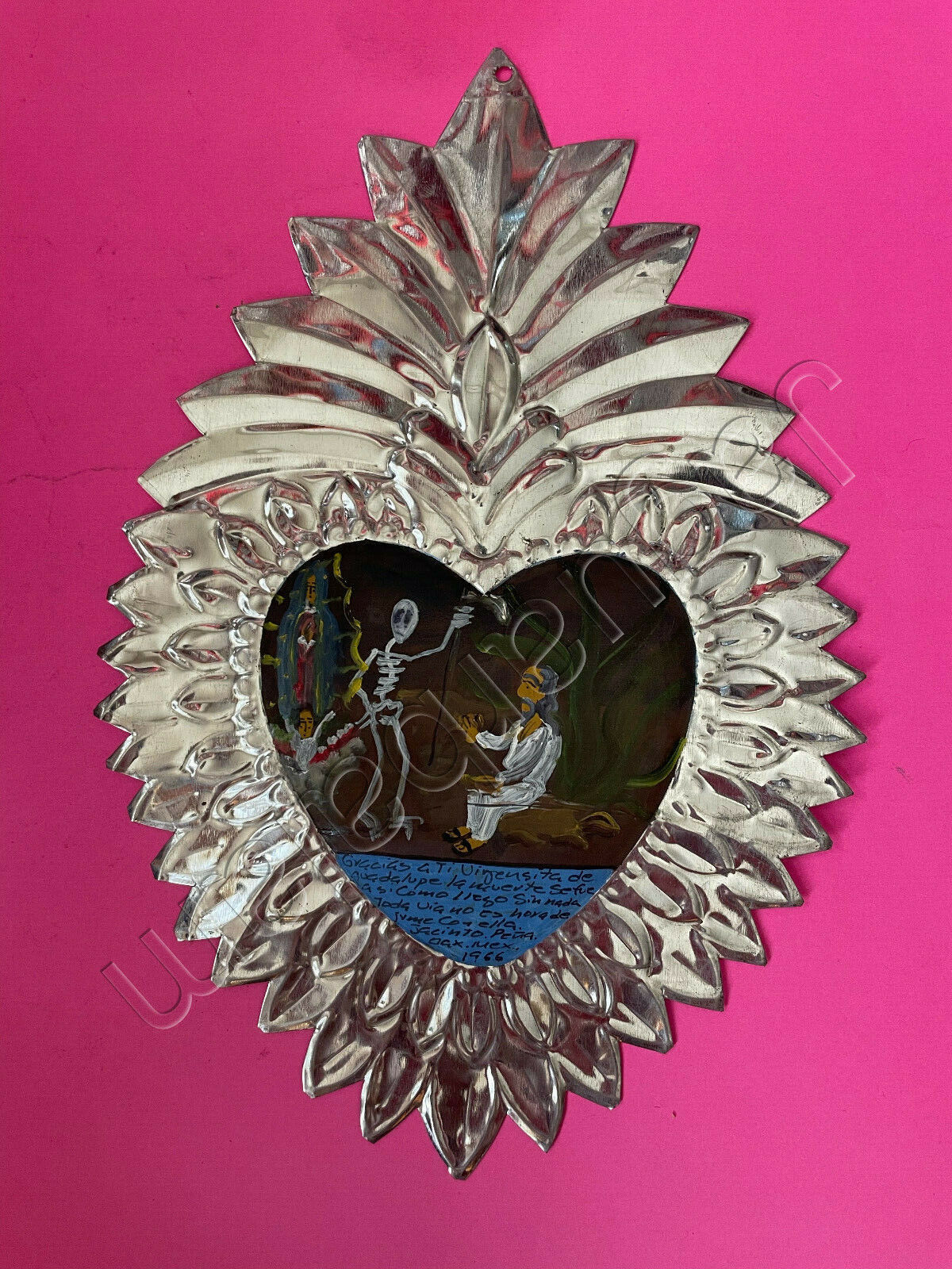Mexican Heart Tin Retablo Exvoto Handmade Folk Art Virgen De Guadalupe & Death