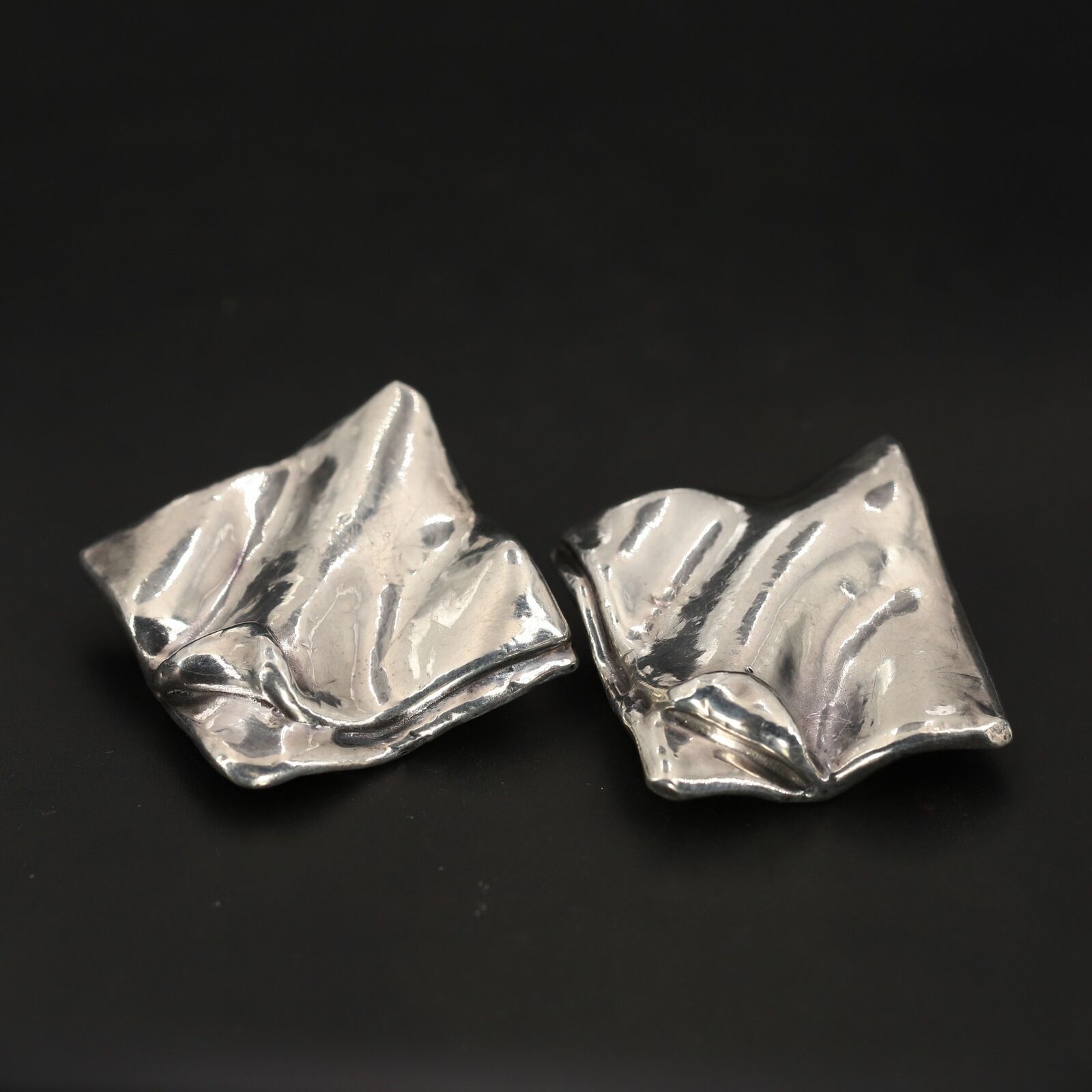 Vtg Sterling Silver - Electroform Ruffled Solid Square Clip-on Earrings - 17.5g