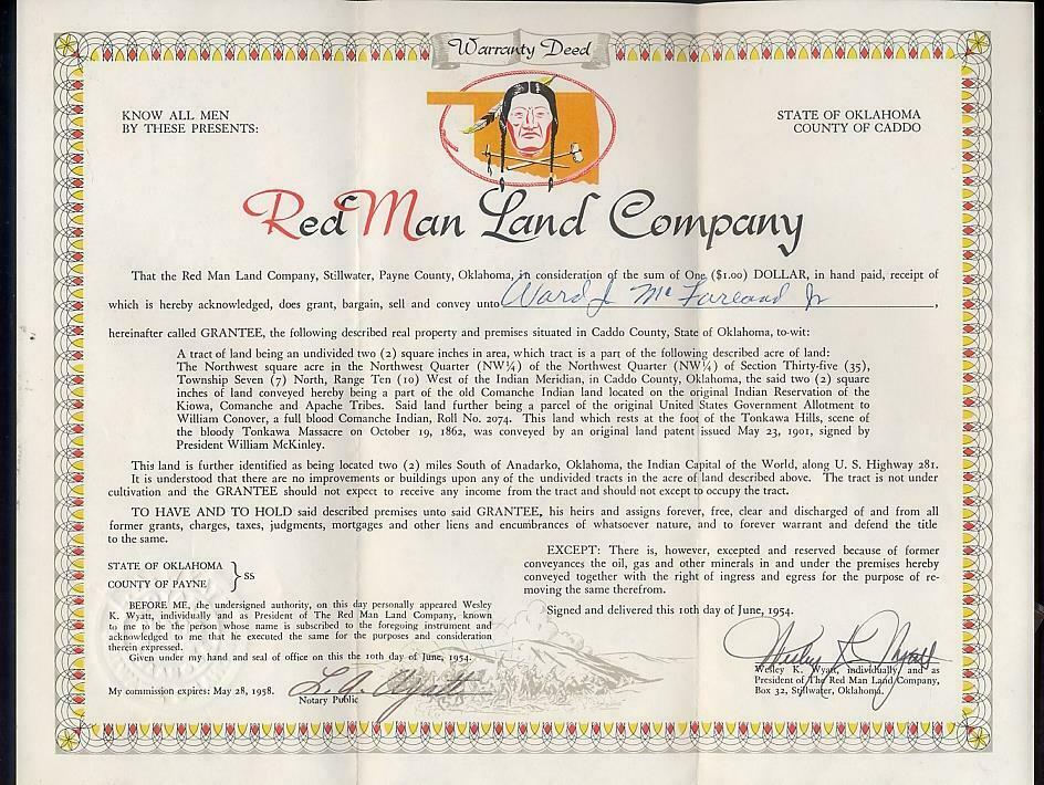 1954 Anadarko Ok Indian Reservation Deed To 2 Square Inches Red Man Land Co