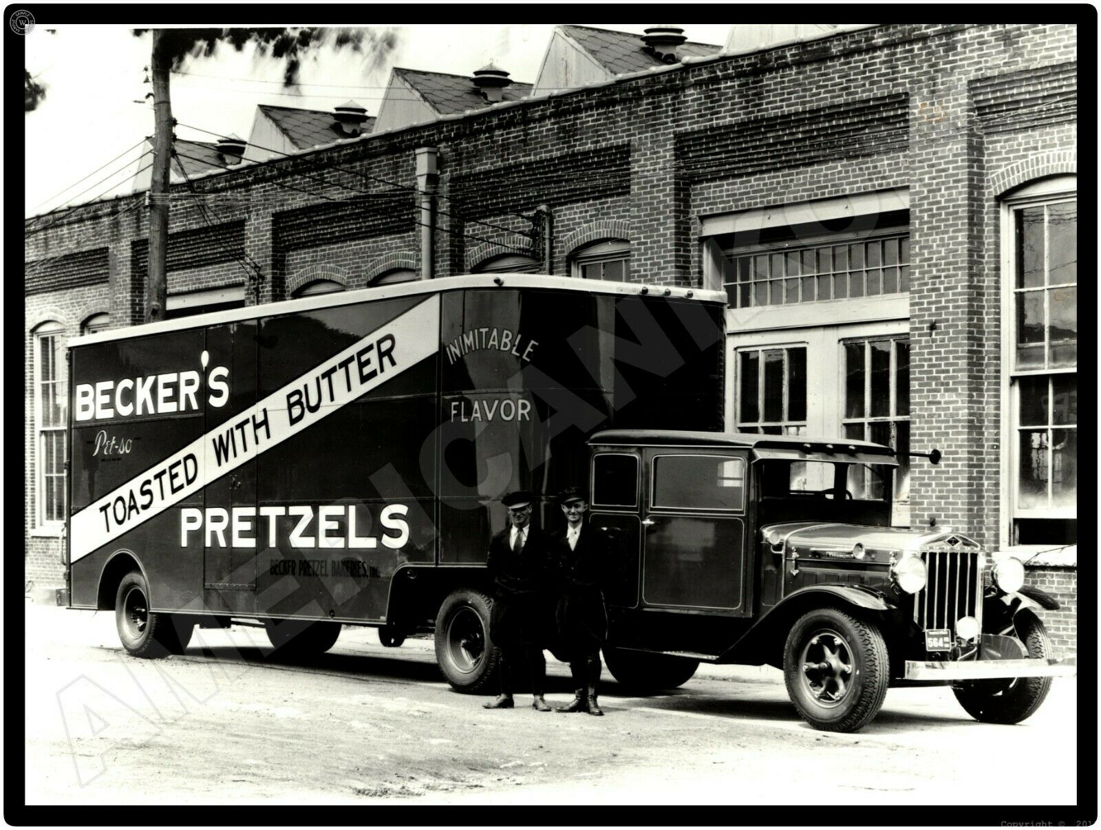 Diamond T Trucks New Metal Sign: Vintage Becker's Pretzel Truck & Trailer