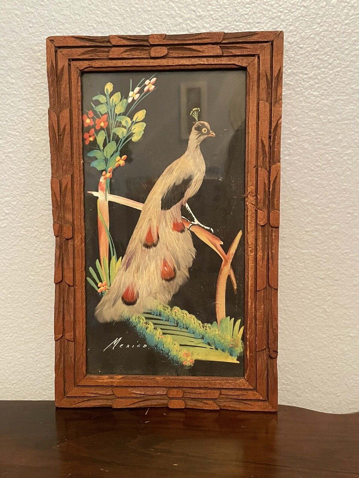 Vtg Mid Century Mexico Peacock Painting In Hand Carved Frame Albino 7x10