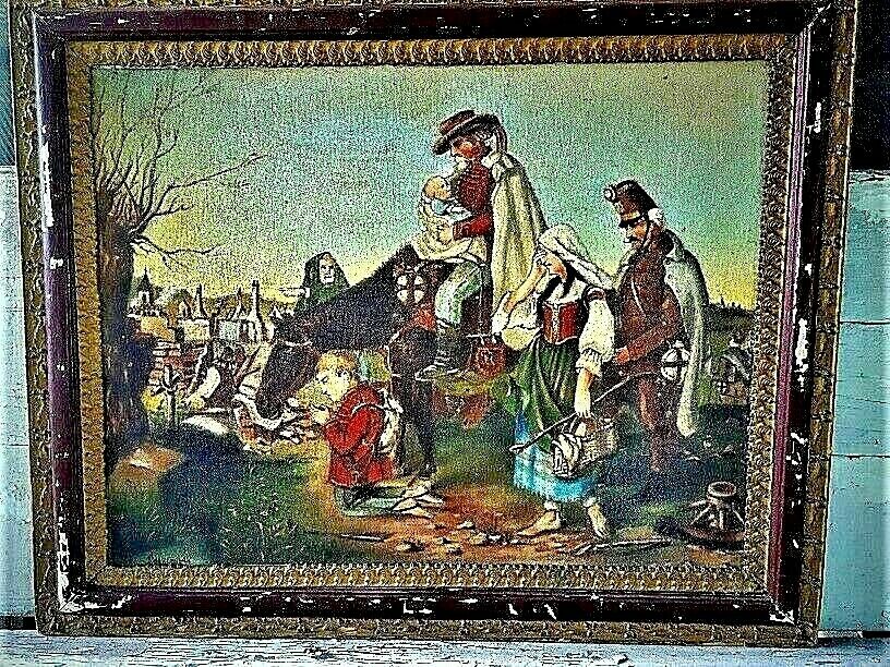 Antique-vintage Spanish Soldiers Mexican Revolutionary Oil Painting