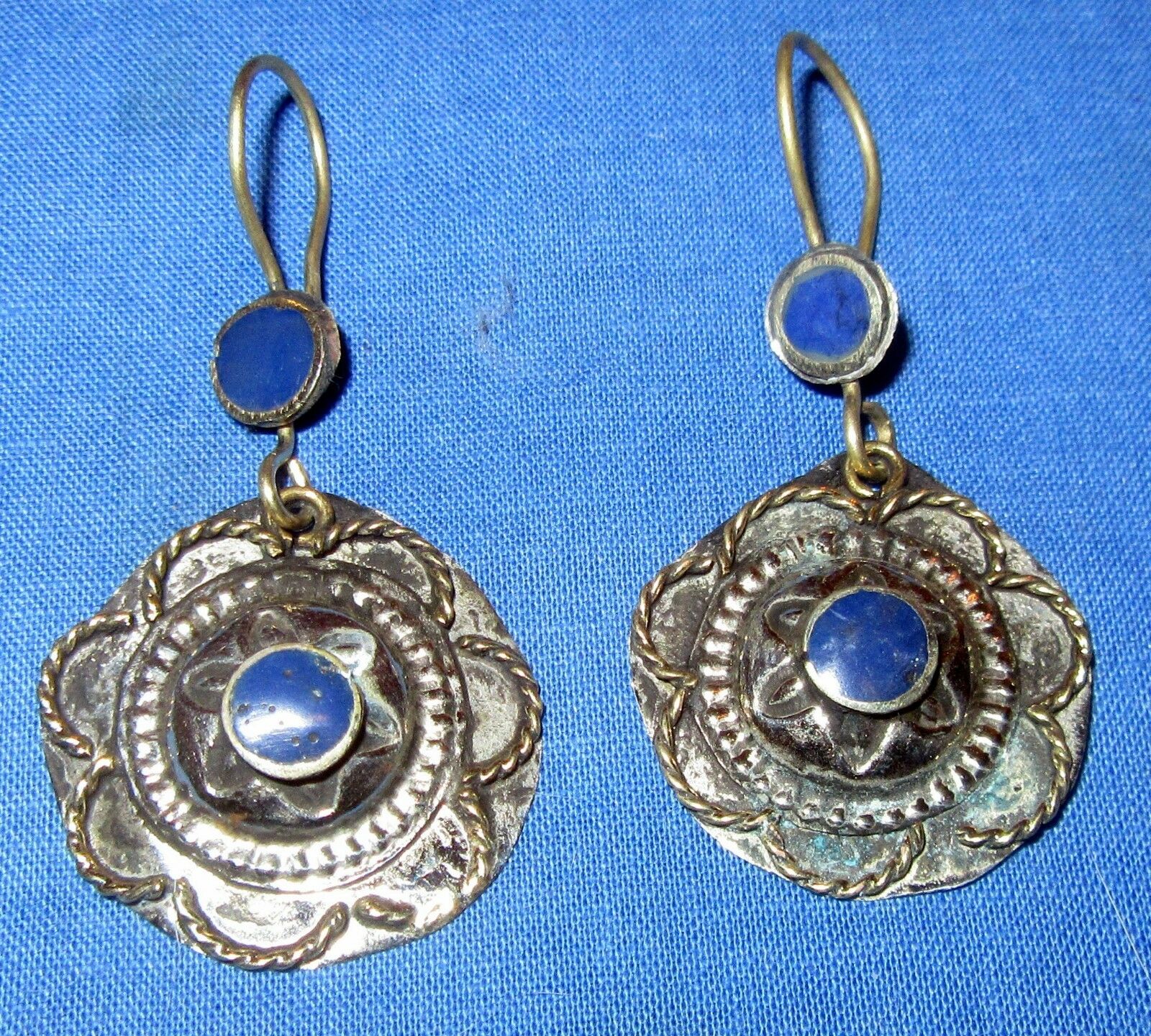 Earrings Circle Gemstone Afghan Kuchi Tribal Alpaca Silver 1 1/2"