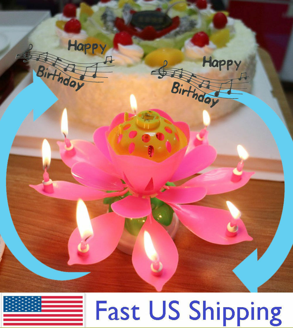Rotating Lotus Candle Birthday Flower Musical Floral Cake Candles /w Music Magic