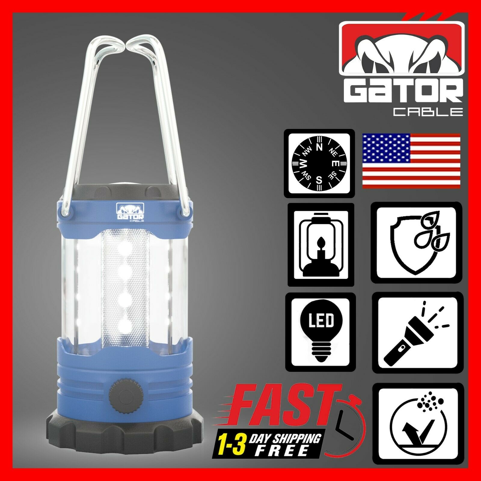 Portable Camping Hurricane Led Lantern Adjustable Light Lamp Compass 1000 Lumens