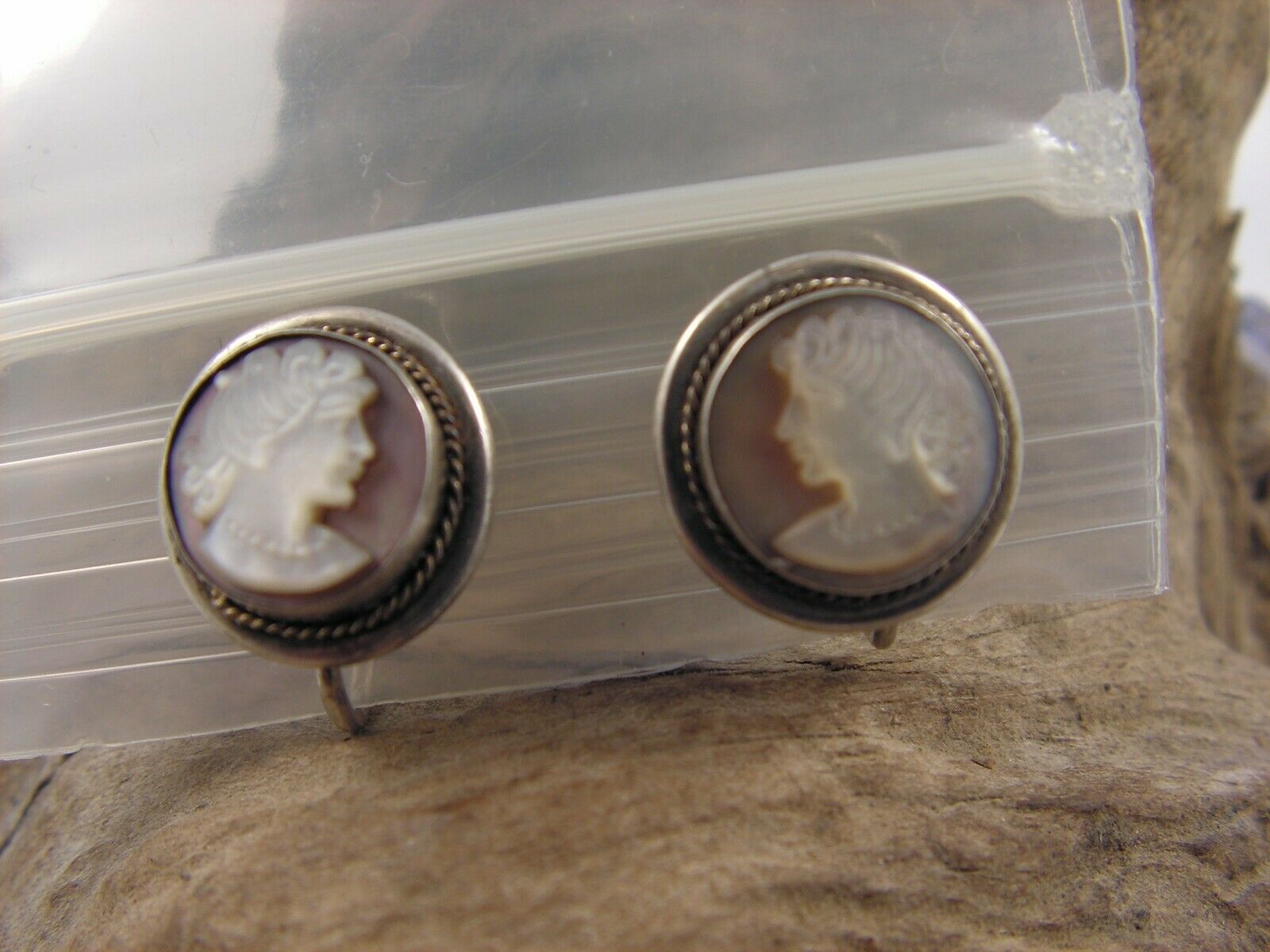 Vtg Cameo Earrings 800 Silver Carved Mother Of Pearl Mop Shell Abalone Screwback