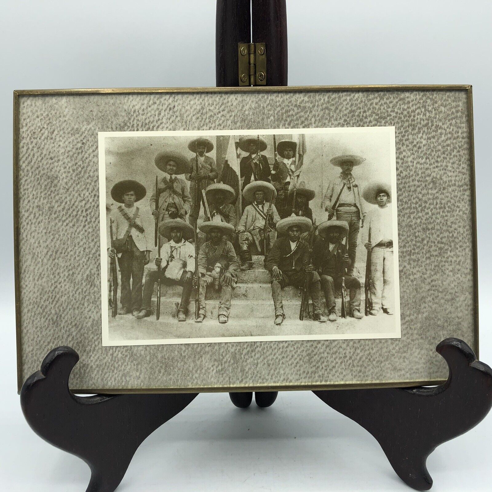Vintage Mexican Revolution Soldiers Souvenir Photo Reprint In Metal Frame.