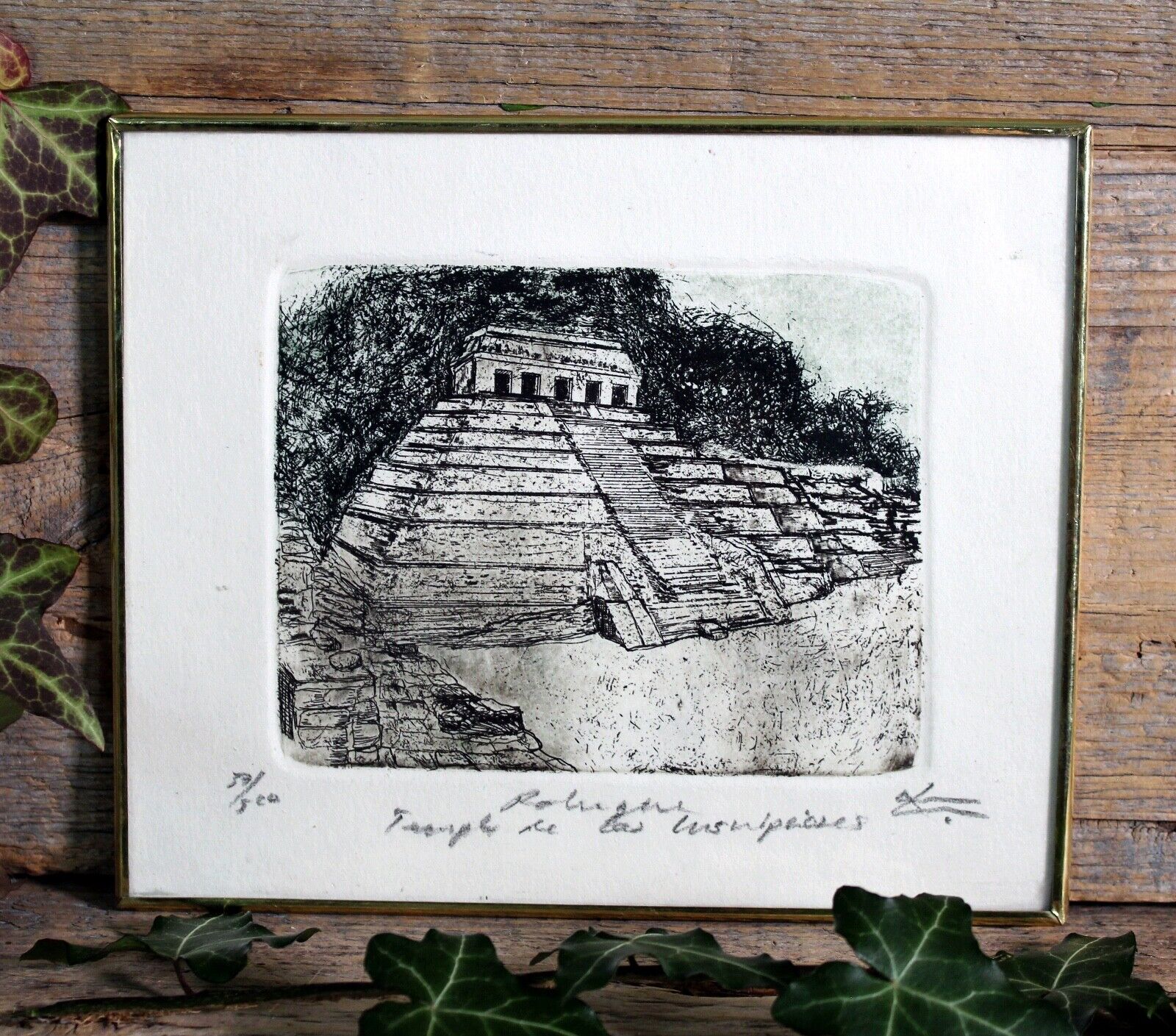 Lg Etching Mayan Temple Of The Inscriptions Palenque By Abelar Mexican Folk Art