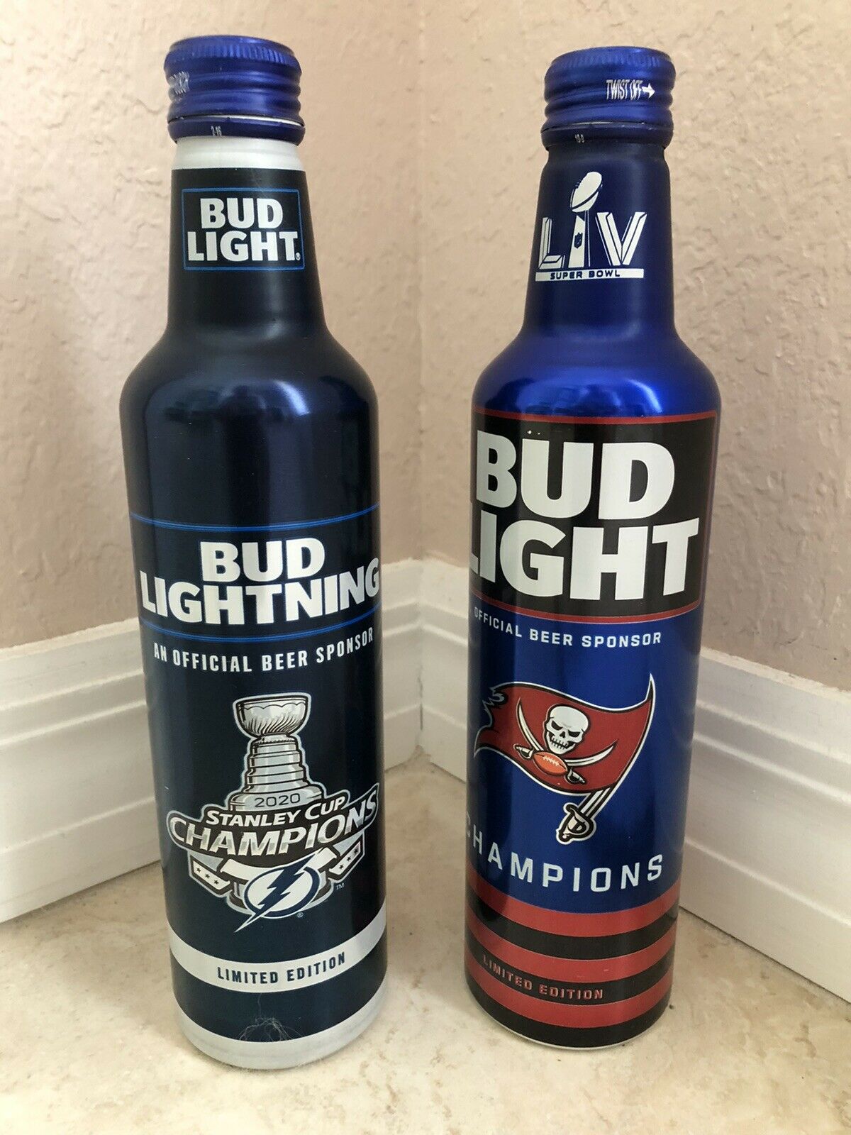 2 Tampa Bay Lightning And Buccaneers Champion Aluminum Bottles Empty Bud Light