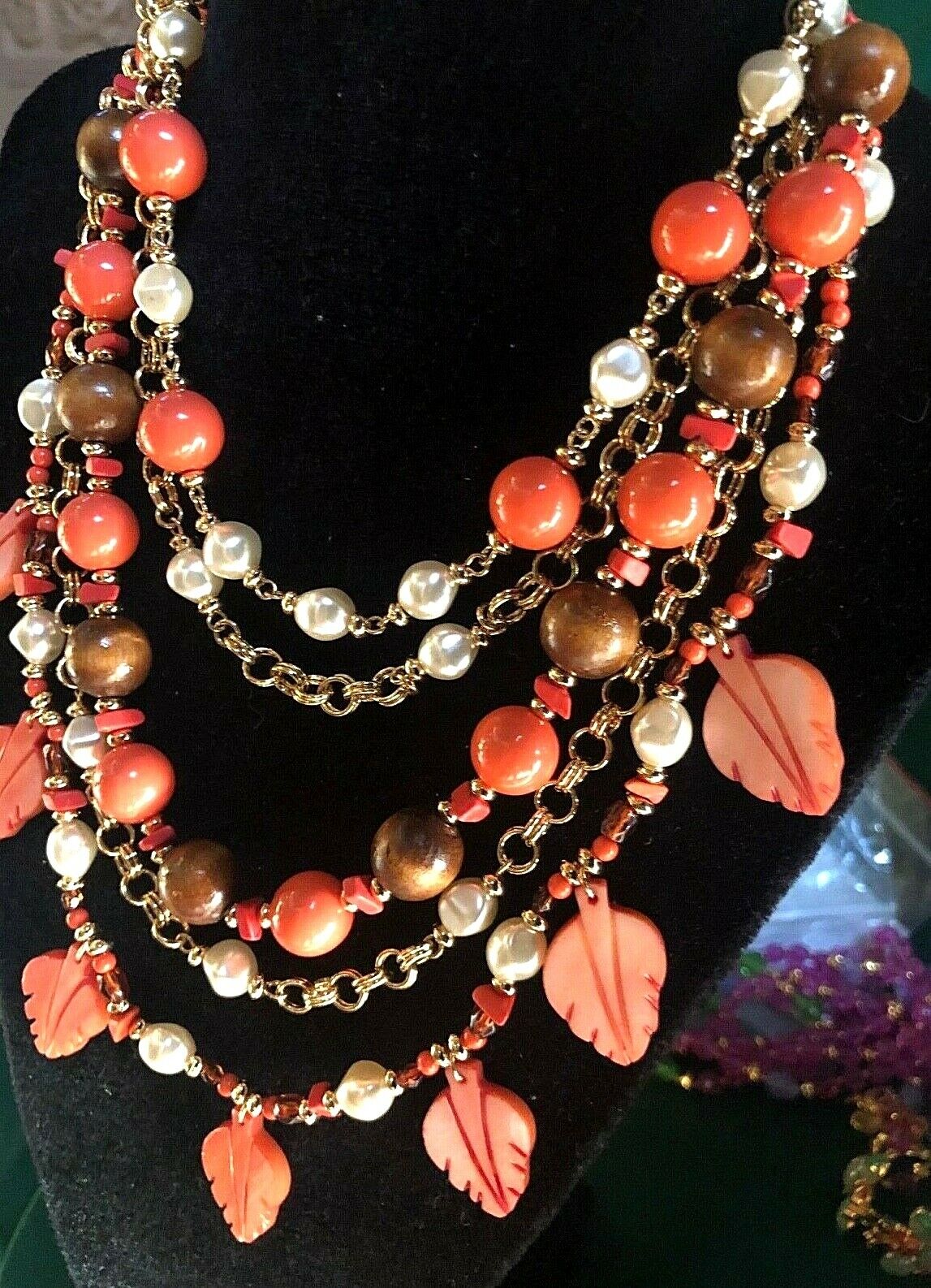 Signed Kjl Kenneth Jay Lane Multi-strand Pearl Wood  & Coral Color Bead Necklace