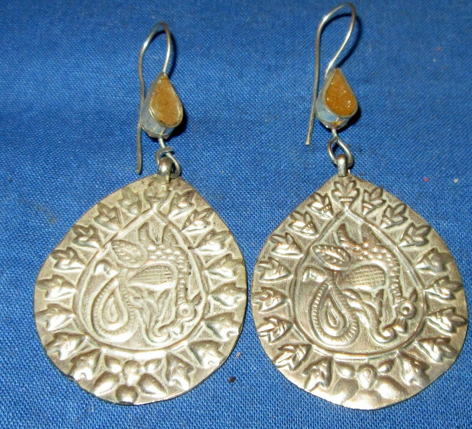 Earrings Teardrop Gemstone Afghan Kuchi Tribal Alpaca Silver 1 1/2"
