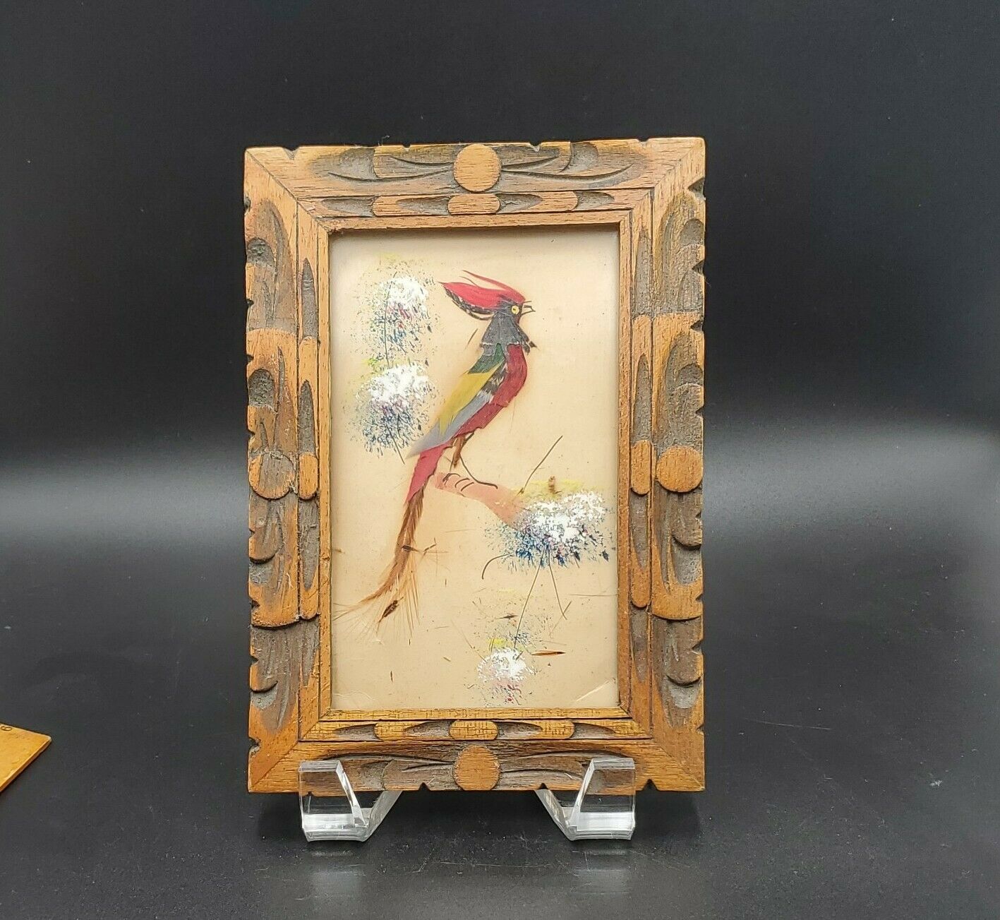 Vintage Mexico Feather Art Picture Bird W/ Real Feathers Wood Carved Frame