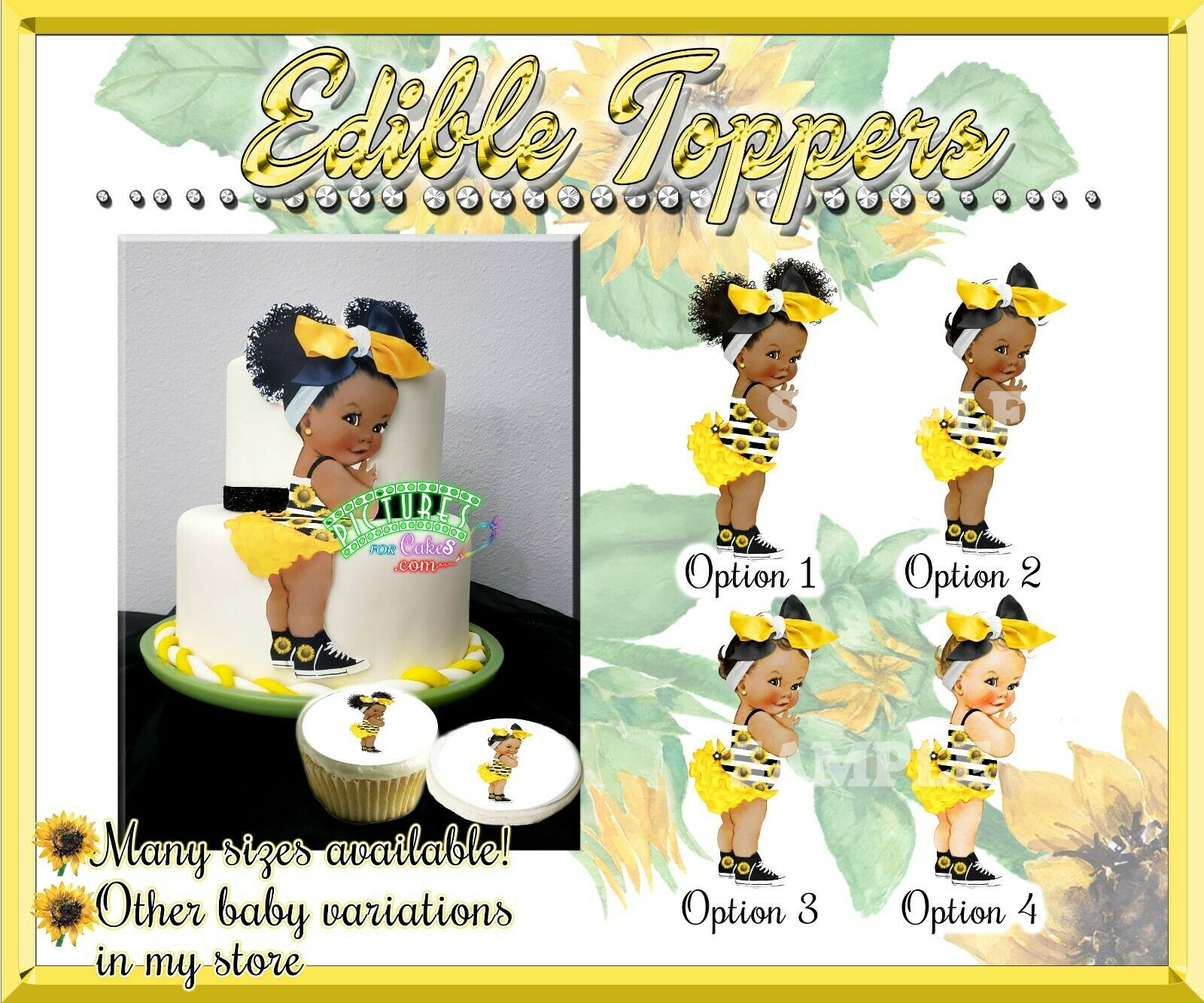 Yellow Sunflower Vintage Baby Girl Edible Cake Frosting Sugar Paper Picture Afro