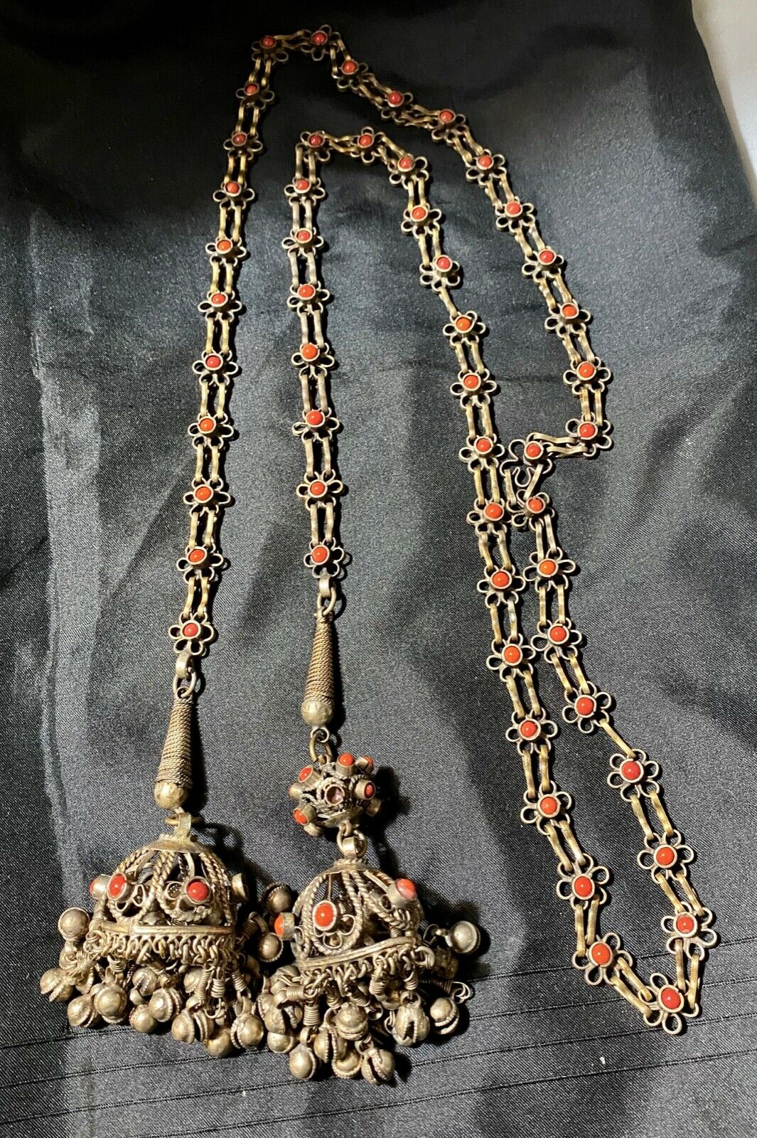 Vintage Lanyard  Long Tribal Necklace Nickel Silver/brass And Coral