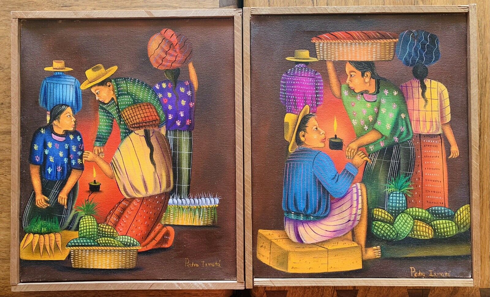 2 Traditional Indigenous Signed Mayan Oil Paintings In The Tz’utujil Tradition.