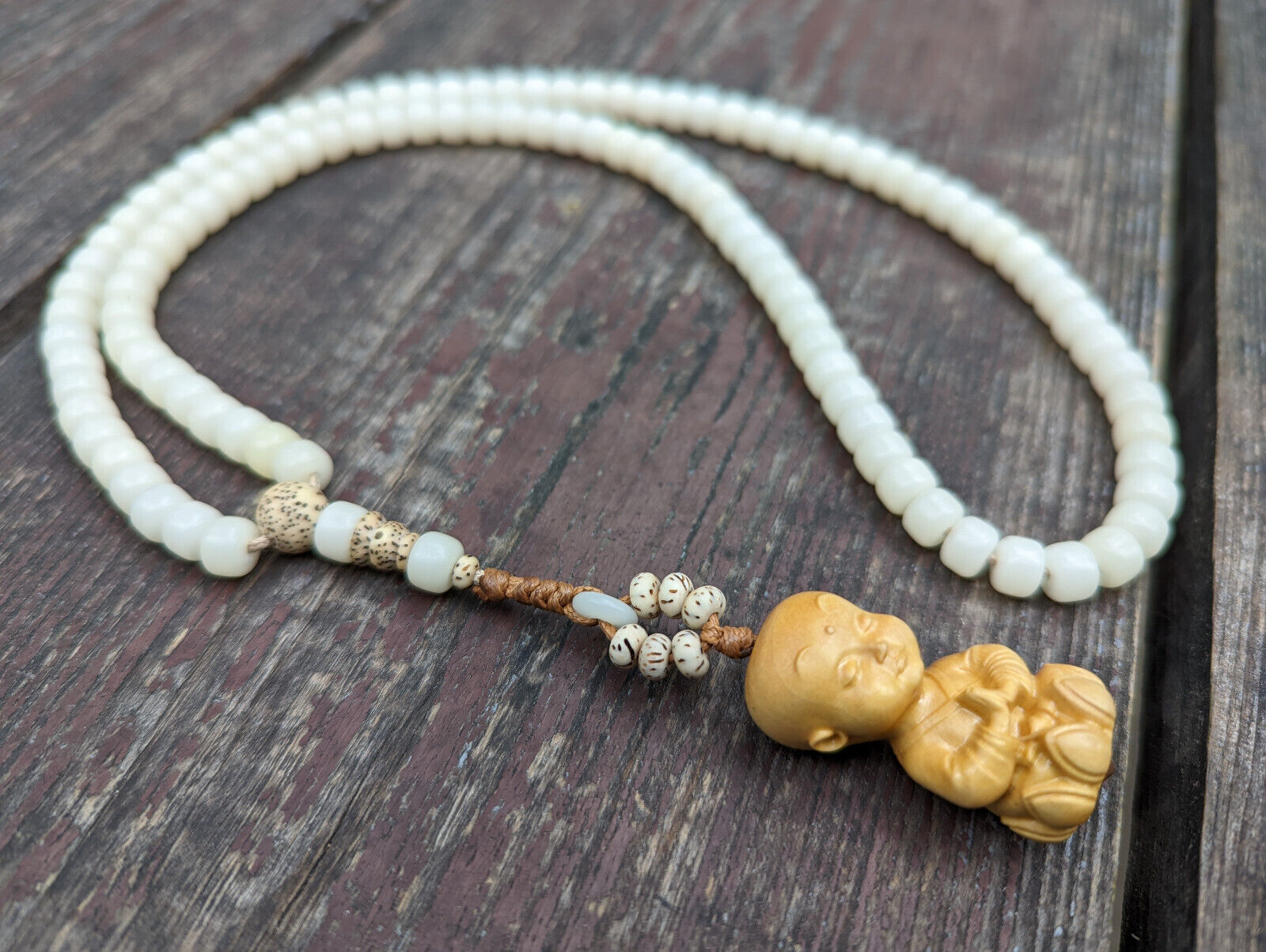 White Bodhi Root Tibetan Mala Prayer Necklace 108 Meditation Beads Little Buddha