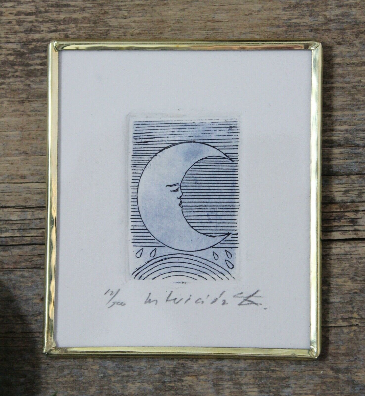 Small Crescent Blue Moon Face Etching Handmade Framed By Abelar Mexican Folk Art