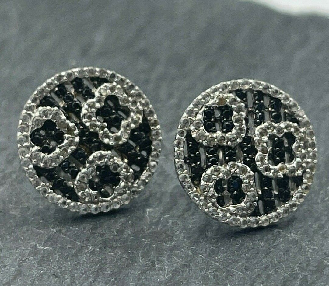 Vintage 925 Sterling Silver Circle Post Earrings Pave Onyx Clear Topaz Diamonds