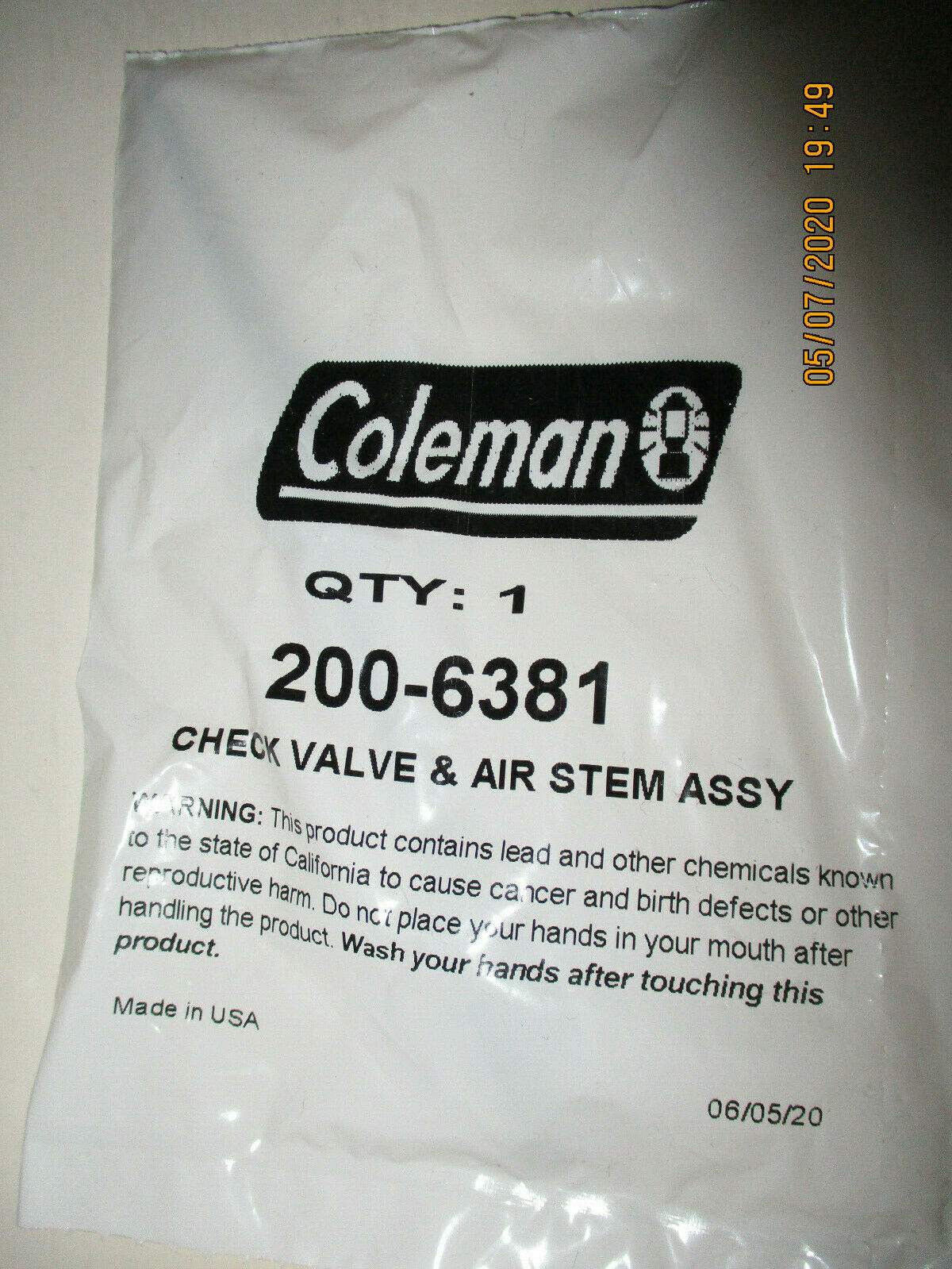 Coleman Check Valve & Air Stem Assembly # 200-6381 Lanterns And Stoves