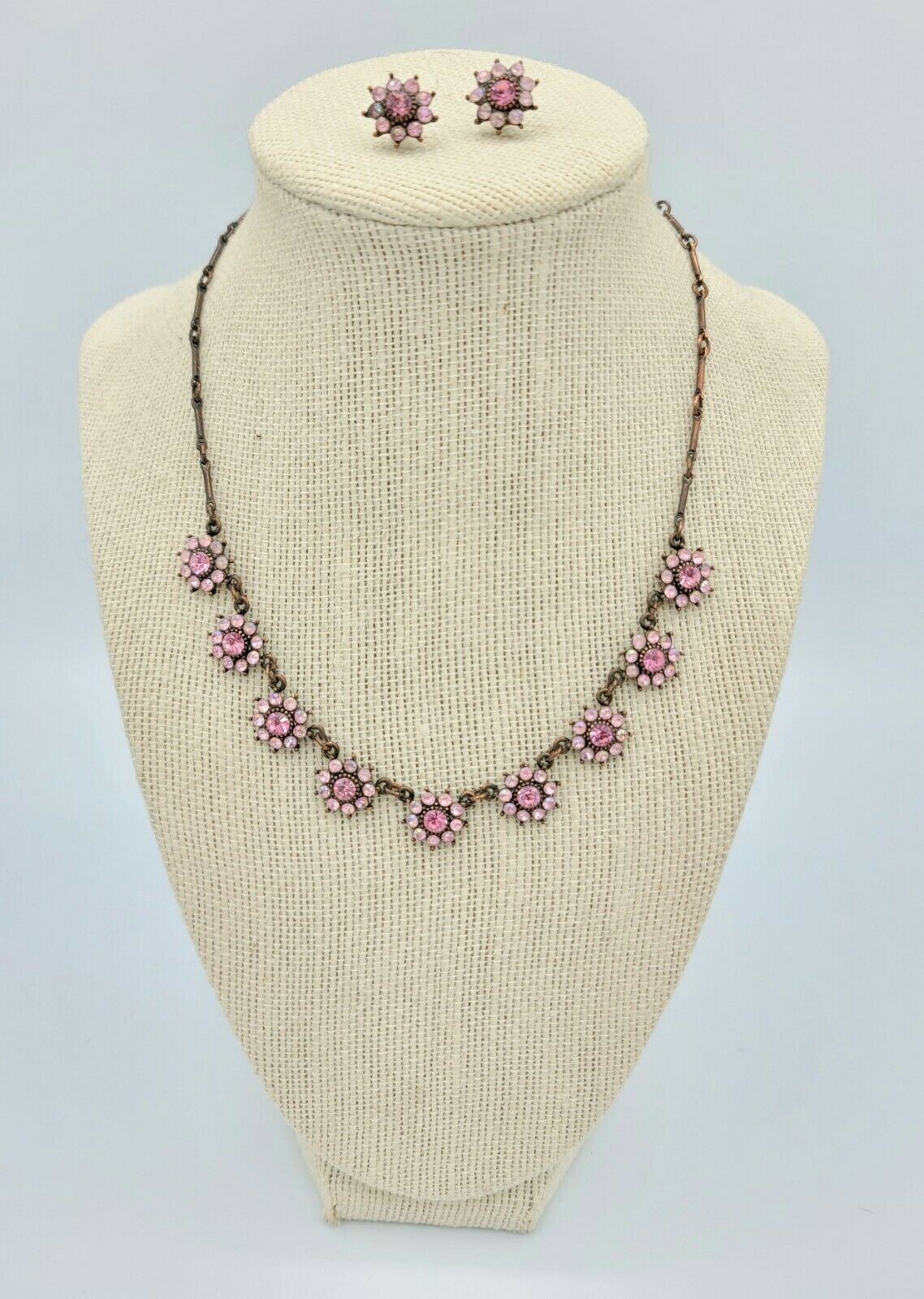 Pink Crystal Bronze Tone Link Necklace 16 1/2 " & Matching Earrings