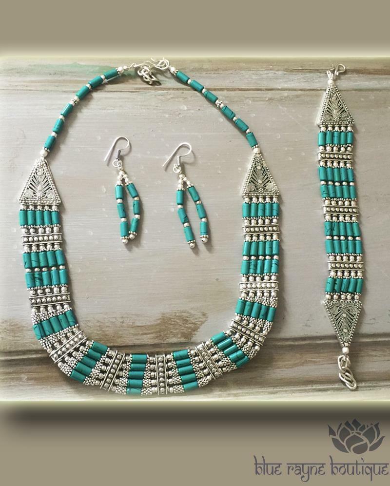 Kuchi Turquoise Color Boho Gypsy 3 Piece Jewelry Set Necklace Earrings Bracelet