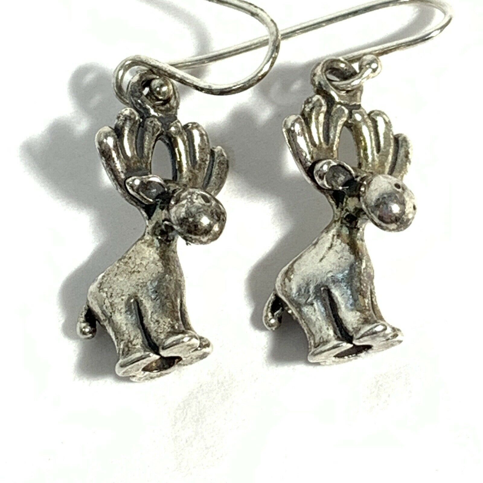 Vintage Sterling Silver 925 Dangling Moose Earrings 3-d