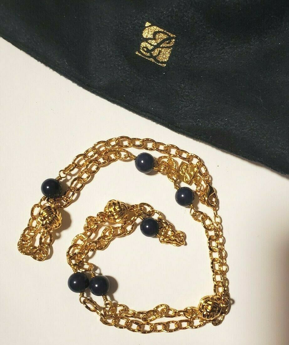 Estee Lauder Gold Tone Navy Beaded Chain W/ Gold Tone Knots Adjustable
