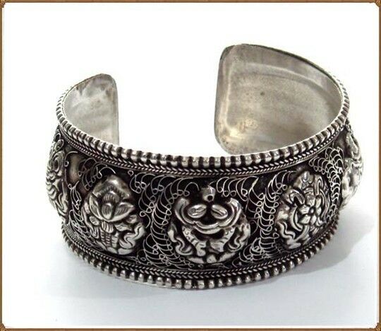 Huge Vintage Tibetan Filigree Delicate Carved 8 Auspicious Symbol Cuff Bracelet